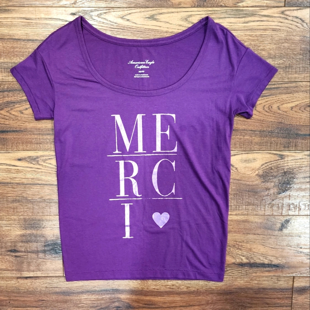 NWT American Eagle Women's Short Sleeve 'MERCI' Graphic Casual T-Shirt X-Small